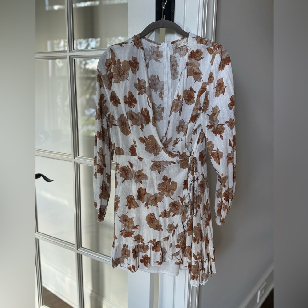 Floral Wrap Dress in White and Brown